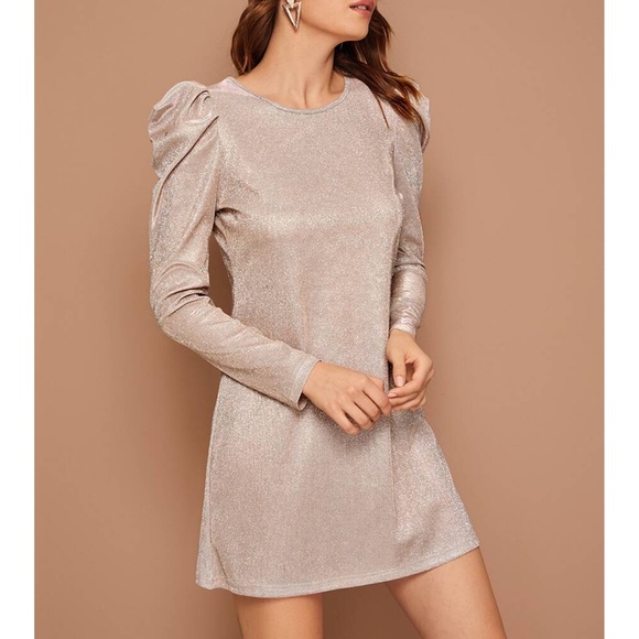 Nude Glitter Puff Sleeve Shift Party Dress - Picture 5 of 8